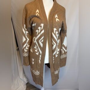 Ruby Moon size small — long cardigan, two tone tan, Aztec style pattern